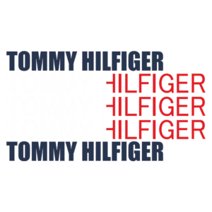 Logotipo da marca Tommy Hilfiger com a repetição do nome em diferentes cores: azul, branco e vermelho, destacando o design icônico e a identidade visual da grife.