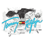 Design gráfico da marca Tommy Hilfiger, apresentando uma águia estilizada, o logotipo da marca em azul, e elementos gráficos inspirados na cultura pop e urbana.