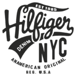 Logotipo da marca Hilfiger, estabelecida em 1985, destacando 'DENIM' e 'NYC', com a descrição 'AMERICAN ORIGINAL' e registro nos EUA. Ideal para moda masculina e feminina em denim.