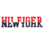 Logotipo da marca Tommy Hilfiger, destacando as palavras "HIL FIGER" e "NEW YORK" em letras estilizadas, com cores vermelho e azul, representando a identidade visual da grife.