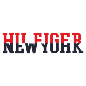 Logotipo da marca Tommy Hilfiger, destacando as palavras "HIL FIGER" e "NEW YORK" em letras estilizadas, com cores vermelho e azul, representando a identidade visual da grife.