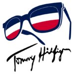 Logotipo da Tommy Hilfiger com óculos estilizados, destacando as cores azul, vermelho e branco, simbolizando a marca.