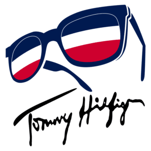 Logotipo da Tommy Hilfiger com óculos estilizados, destacando as cores azul, vermelho e branco, simbolizando a marca.