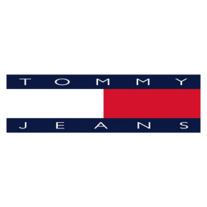 Logotipo da marca Tommy Jeans, apresentando uma combinação de azul marinho, branco e vermelho, com o nome "TOMMY JEANS" em letras maiúsculas.