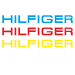 Logotipo da marca Hilfiger em quatro linhas, utilizando as cores azul, vermelho, amarelo e branco, com a palavra "HILFIGER" em destaque.