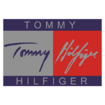 Logotipo da marca Tommy Hilfiger, com o nome "Tommy" escrito em azul sobre um fundo cinza e "Hilfiger" em uma caligrafia estilizada em vermelho. Ideal para representar moda e estilo americano.