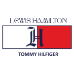 Logotipo de Lewis Hamilton em parceria com a marca Tommy Hilfiger, destacando a letra "H" em um fundo dividido entre azul e vermelho, simbolizando a colaboração no mundo da moda e automobilismo.