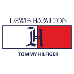 Logotipo de Lewis Hamilton em parceria com a marca Tommy Hilfiger, destacando a letra "H" em um fundo dividido entre azul e vermelho, simbolizando a colaboração no mundo da moda e automobilismo.