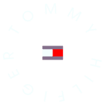 Logotipo da marca Tommy Hilfiger, apresentando o nome em letras brancas dispostas em círculo ao redor de um ícone retangular com as cores vermelho, branco e azul. Ideal para buscas relacionadas à moda e marcas sustentáveis.
