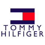 Logo da marca Tommy Hilfiger com fundo azul e retângulos em branco, vermelho e azul, representando sua identidade visual contemporânea e estilosa.