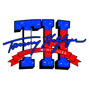 Logotipo da Tommy Hilfiger com as iniciais "TH" em cores vermelho, branco e azul, representando o estilo clássico da marca americana.