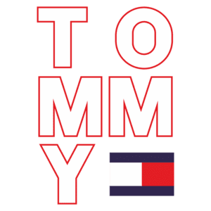 Logotipo da marca Tommy Hilfiger com letras brancas contornadas em vermelho formando a palavra "TOMMY" e uma bandeira estilizada nas cores da marca.