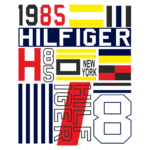 Design gráfico colorido com a marca "Hilfiger", incluindo elementos como "1985", "NEW YORK" e uma mistura de padrões. Ideal para representar a estética urbana e a história da moda da marca.