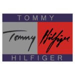 Logotipo da marca Tommy Hilfiger, apresentando o nome "Tommy" em uma caixa cinza e "Hilfiger" em uma caixa vermelha, com fontes estilizadas em preto.