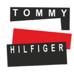 Logotipo da marca Tommy Hilfiger em diferentes faixas coloridas, incluindo preto, branco e vermelho, destacando o estilo moderno e icônico da grife.