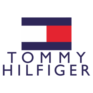 Logo da marca Tommy Hilfiger com fundo colorido, apresentando o icônico brasão composto por faixas azul, branca e vermelha, simbolizando o estilo clássico e moderno da moda americana.