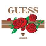 Design gráfico da marca Guess apresentando rosas vermelhas, com o texto "GUESS" em destaque e a localização "LOS ANGELES". Ideal para promoções de moda ou acessórios florais.