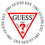Logotipo da marca Guess, com triângulo vermelho e texto em preto, destacando "GUESS EST. 1981" e "WASHED JEANS", simbolizando moda e estilo americano.