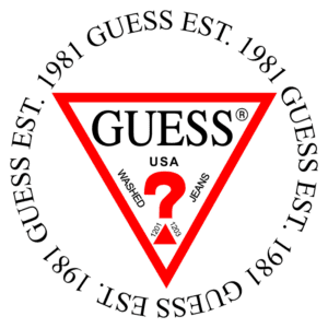 Logotipo da marca Guess, com triângulo vermelho e texto em preto, destacando "GUESS EST. 1981" e "WASHED JEANS", simbolizando moda e estilo americano.