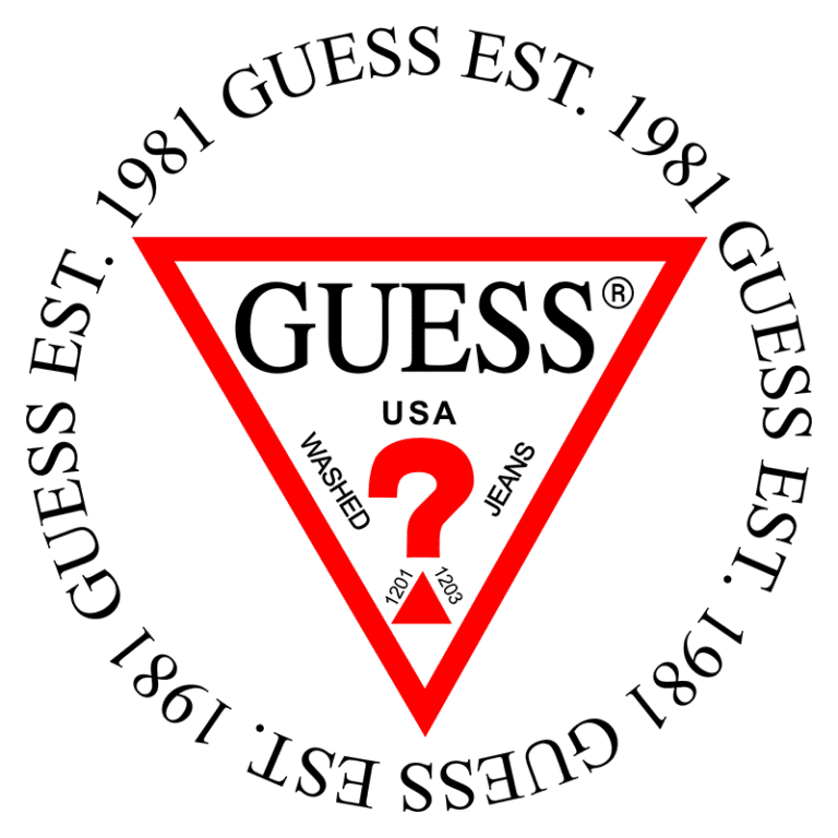 Logotipo da marca Guess, com triângulo vermelho e texto em preto, destacando "GUESS EST. 1981" e "WASHED JEANS", simbolizando moda e estilo americano.