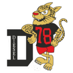 Mascote de uma equipe com um jaguar vestindo uma camiseta preta com o número 78 em vermelho e shorts vermelhos, ao lado da letra "D" estilizada, representando a marca Diesel. O fundo é verde, e há uma caveira abaixo do mascote.