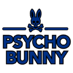 Logotipo da marca Psycho Bunny, apresentando uma combinação de um coelho estilizado, um crânio e ossos cruzados, em cores azul e branco.
