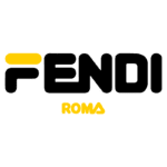 Logotipo da marca Fendi, destacando o nome "FENDI" em letras pretas com uma barra amarela, acompanhado de "ROMA" em letras amarelas, representando a herança e sofisticação da moda italiana.