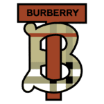 Logotipo da Burberry, apresentando a letra "B" estilizada com um padrão xadrez característico em tons de creme, marrom e preto, com o nome "BURBERRY" acima.