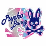 Imagem do logotipo da marca Psycho Bunny, apresentando um coelho estilizado em cores vibrantes com um fundo gráfico de elementos como ossos cruzados, simbolizando uma estética ousada e contemporânea.