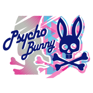 Imagem do logotipo da marca Psycho Bunny, apresentando um coelho estilizado em cores vibrantes com um fundo gráfico de elementos como ossos cruzados, simbolizando uma estética ousada e contemporânea.