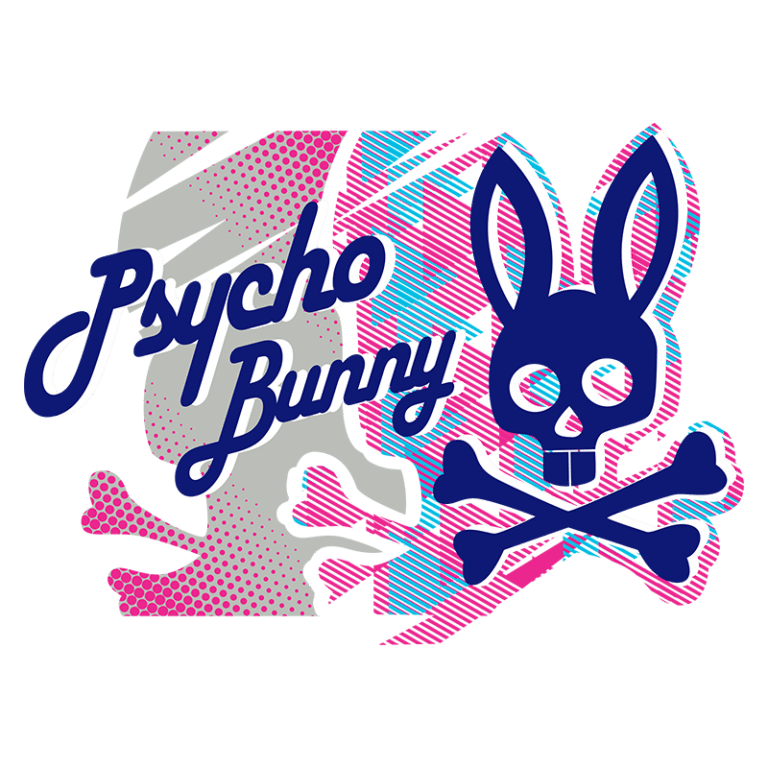 Imagem do logotipo da marca Psycho Bunny, apresentando um coelho estilizado em cores vibrantes com um fundo gráfico de elementos como ossos cruzados, simbolizando uma estética ousada e contemporânea.