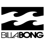 Logotipo da Billabong, uma marca de surf, apresentando ondas estilizadas em preto e branco sobre fundo preto, simbolizando o estilo de vida praiano e a cultura do surf.