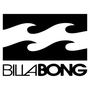 Logotipo da Billabong, uma marca de surf, apresentando ondas estilizadas em preto e branco sobre fundo preto, simbolizando o estilo de vida praiano e a cultura do surf.