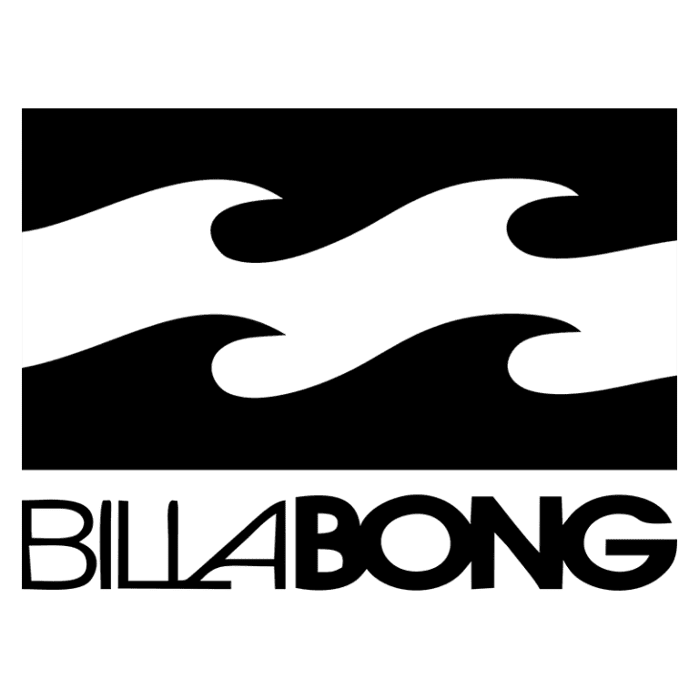Logotipo da Billabong, uma marca de surf, apresentando ondas estilizadas em preto e branco sobre fundo preto, simbolizando o estilo de vida praiano e a cultura do surf.