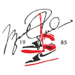 Logotipo estilizado de Michael Jordan, com assinatura e a data "1985", apresentando a silhueta do famoso tênis Nike Air Jordan.