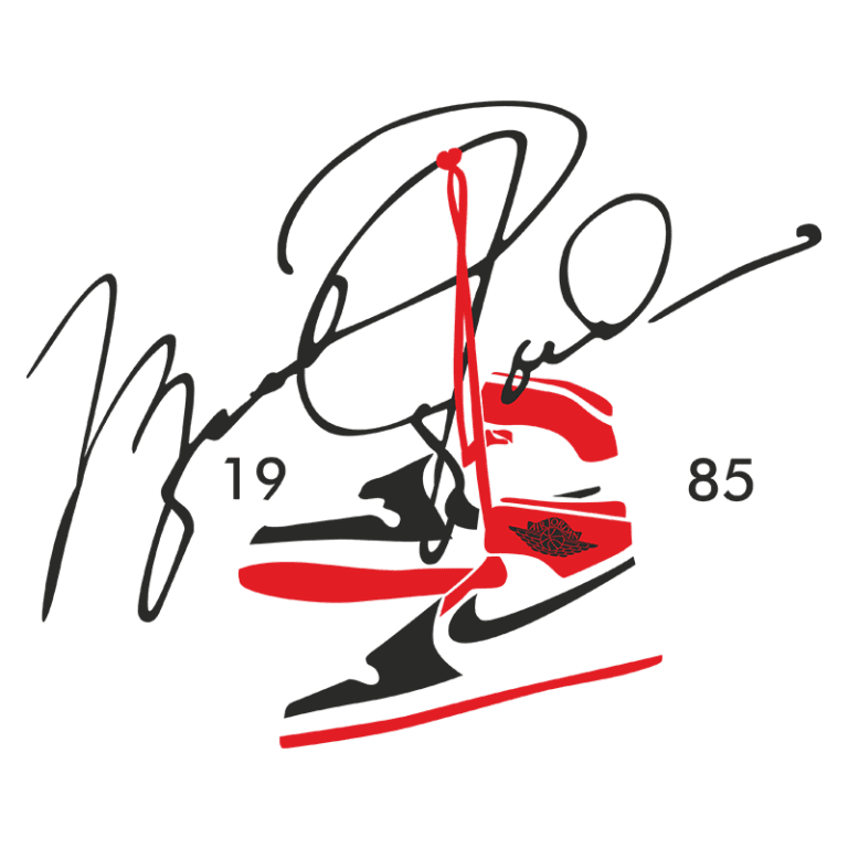 Logotipo estilizado de Michael Jordan, com assinatura e a data "1985", apresentando a silhueta do famoso tênis Nike Air Jordan.