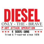 Logotipo da marca Diesel com a frase "ONLY THE BRAVE" e o texto "P-ART ATTACK OPERATION". Inclui detalhes como "4 SCCFL-LVNG" e "Tried & T-rust-ed since 1978" em um design estilizado.