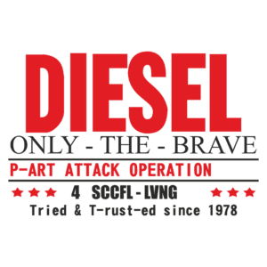 Logotipo da marca Diesel com a frase "ONLY THE BRAVE" e o texto "P-ART ATTACK OPERATION". Inclui detalhes como "4 SCCFL-LVNG" e "Tried & T-rust-ed since 1978" em um design estilizado.