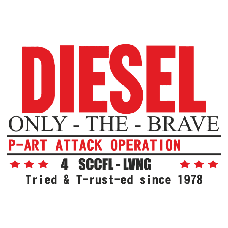 Logotipo da marca Diesel com a frase "ONLY THE BRAVE" e o texto "P-ART ATTACK OPERATION". Inclui detalhes como "4 SCCFL-LVNG" e "Tried & T-rust-ed since 1978" em um design estilizado.