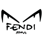 Logotipo da Fendi, marca italiana de moda, apresentando o nome "FENDI" em letras estilizadas e a palavra "ROMA" abaixo, com um design que evoca a imagem de orelhas de gato.
