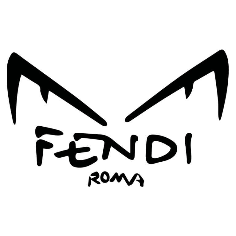Logotipo da Fendi, marca italiana de moda, apresentando o nome "FENDI" em letras estilizadas e a palavra "ROMA" abaixo, com um design que evoca a imagem de orelhas de gato.