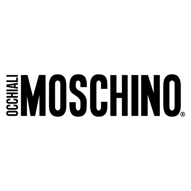 Logotipo da Moschino com a palavra "Occhiali", representando a linha de óculos da marca italiana de moda.
