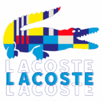 Logotipo da Lacoste, apresentando um crocodilo estilizado em cores vibrantes, com a palavra "LACOSTE" em letras maiúsculas abaixo.