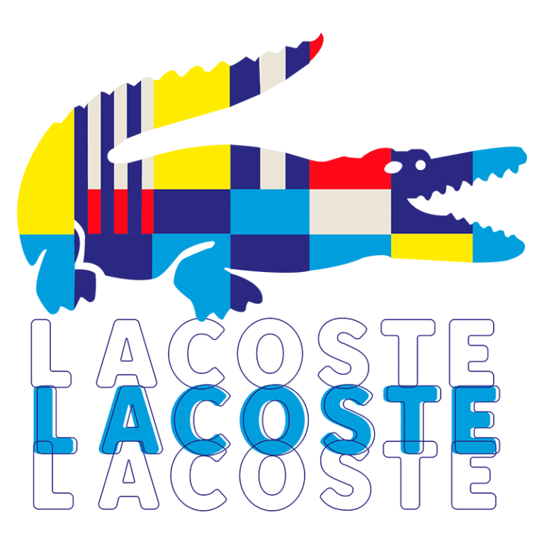 Logotipo da Lacoste, apresentando um crocodilo estilizado em cores vibrantes, com a palavra "LACOSTE" em letras maiúsculas abaixo.