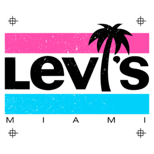 Logotipo da Levi's com design vibrantemente colorido, apresentando as palavras "Levi's" em destaque, acompanhadas do termo "Miami" em uma paleta de rosa e azul, simbolizando um estilo descontraído e moderno.