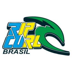 Logo da Rip Curl Brasil, destacando as letras em azul, amarelo e verde com um símbolo de onda verde, representando a cultura do surfe e estilo de vida praiano no Brasil.