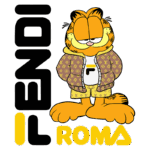 Garfield vestido com roupas de marca, incluindo uma jaqueta com padrão de logotipo e shorts, ao lado do texto "FENDI ROMA".