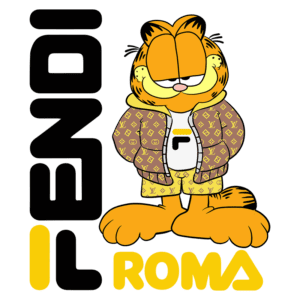 Garfield vestido com roupas de marca, incluindo uma jaqueta com padrão de logotipo e shorts, ao lado do texto "FENDI ROMA".