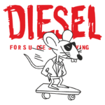 Desenho de um rato estilizado com óculos escuros e jaqueta, andando de skate, com o texto "DIESEL FOR SU GES SHTET" em vermelho ao fundo.