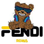 Urso estilizado da Fendi usando óculos escuros e fones de ouvido, com logo da marca "FENDI ROMA" em destaque. Design divertido e moderno, refletindo a fusão de moda e cultura pop.